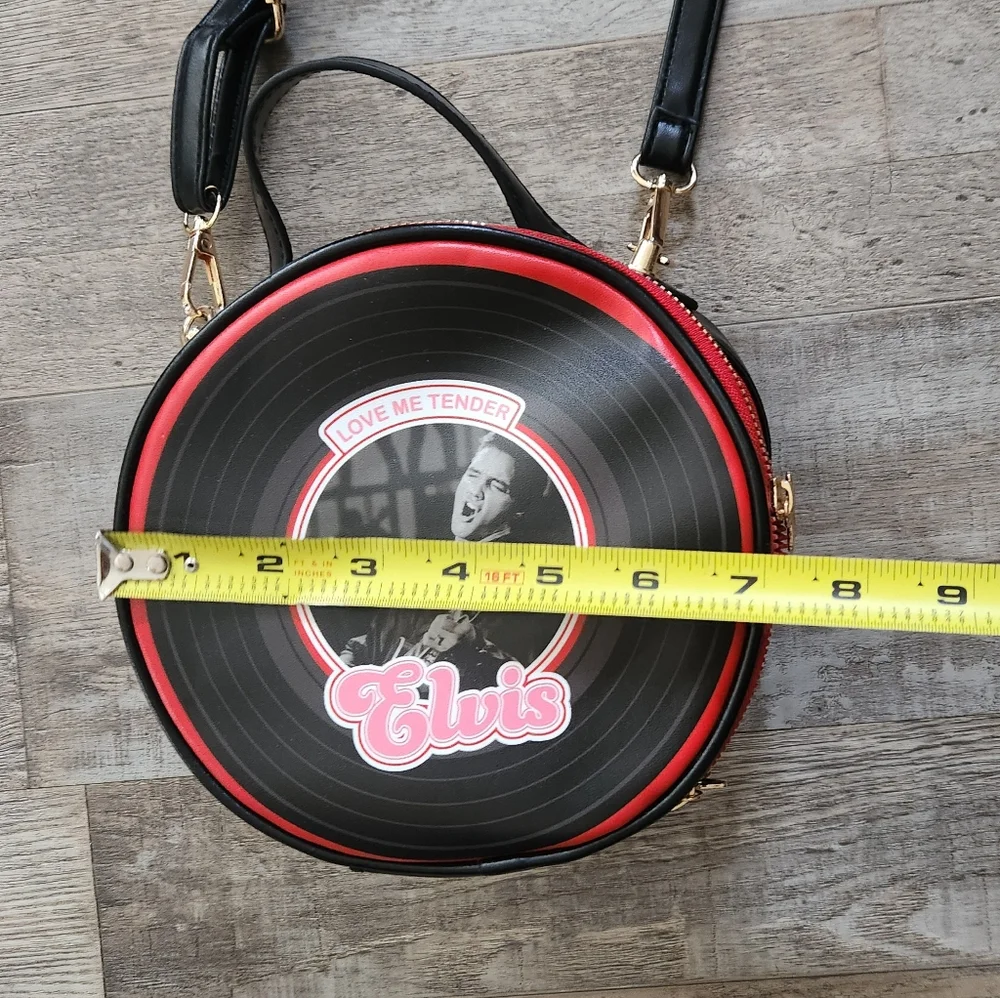 Black and Red Elvis Round Crossbody Bag with Retro Music Graphic